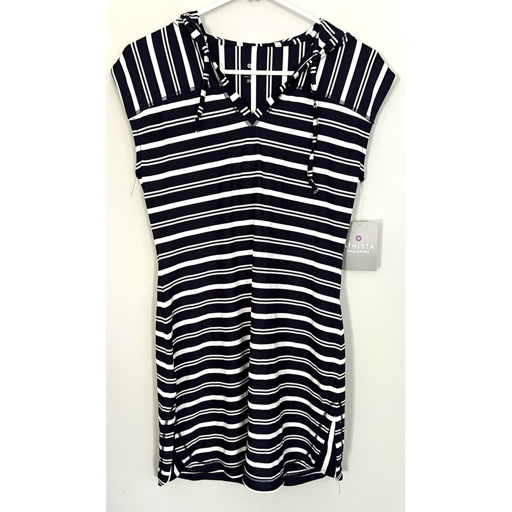 Athleta Dress Women XS Navy/Wht Stripe Hooded Sleeveless Coverup Tunic Beach NWT